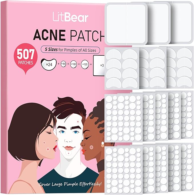 LitBear Pimple Patches for Face, Large Acne Patch, XL Hydrocolloid Bandages,Zit Stickers for Forehead, Chin, Nose, Body, Back, and Chest, Includes Crescent, Square, and Dot (5 Sizes, 507 Patches)