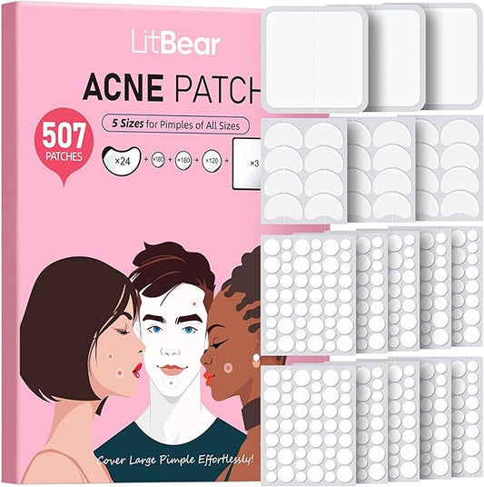 LitBear Pimple Patches for Face, Large Acne Patch, XL Hydrocolloid Bandages,Zit Stickers for Forehead, Chin, Nose, Body, Back, and Chest, Includes Crescent, Square, and Dot (5 Sizes, 507 Patches)