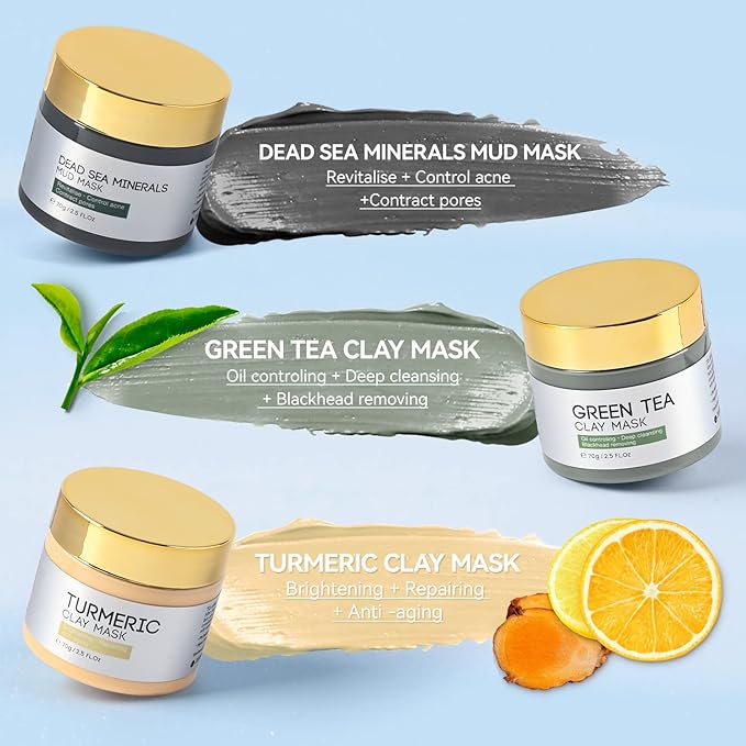 IIIMEIDU Face Masks Skincare, Turmeric Vitamin C Clay Mask, Green Tea Mask, Dead Sea Mud Mask, Face Mask Skin Care for Deep Cleansing, Women Skin Anti Aging 2.5 FL Oz Each