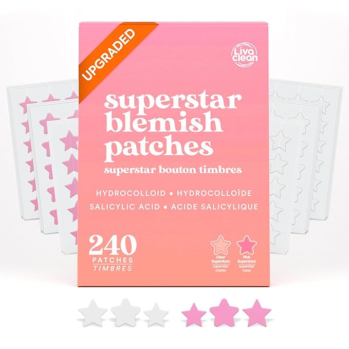 LivaClean Star Blemish Patches (240CT) - Salicylic Acid & Tea Tree Oil, Clear & Pink Pimple Patch Cute, Acne Star, Cute Pimple Skincare, Patches for Face, Blemish Patch