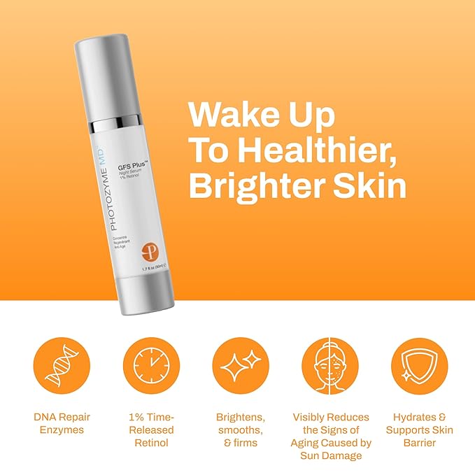 Photozyme DNA Repair Enzymes GFS Plus Facial Night Serum | 1% Retinol for Aging Skin, Beauty Skincare Treatment for Fine Lines, Wrinkles, Acne Scars | UV Dark Spot Corrector, Non Irritating | 1.7