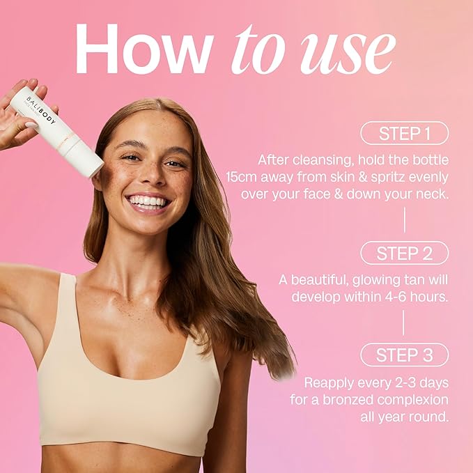 Bali Body Face Tan Mist - Dark Shade | Streak-Free, Fast Drying Facial Self Tanner | Hydrating Soothing Formula for All Skin Types | Vegan, Cruelty Free, Australian Made (70 ml/2.3 fl oz)