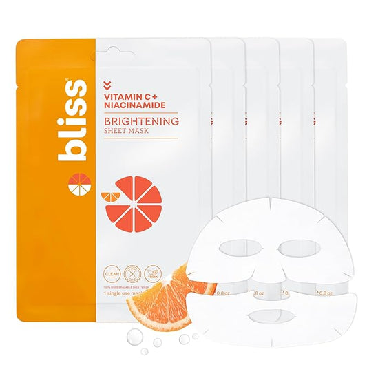 Bliss Skincare Sheet Masks - Vitamin C & Niacinamide Face Masks - Biodegradable - 5pk