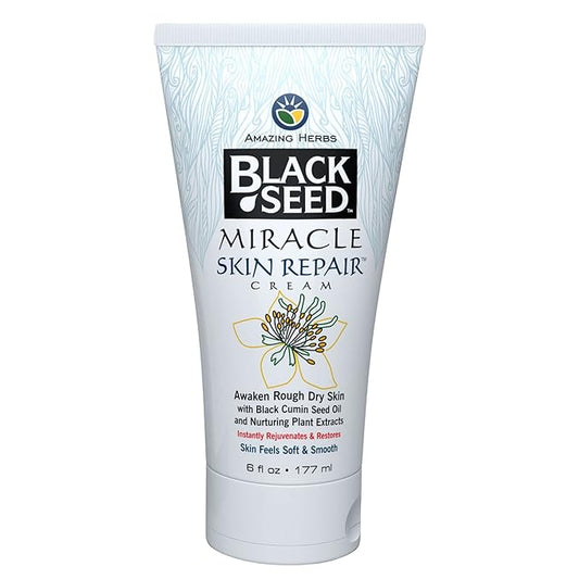 Amazing Herbs Black Seed Miracle Skin Repair Cream - Non-Allergenic Formula, Black Cumin Seed Oil, Vitamin E, and Other Essential Oils Support Collagen & Elastin Production - 6 Fl Oz