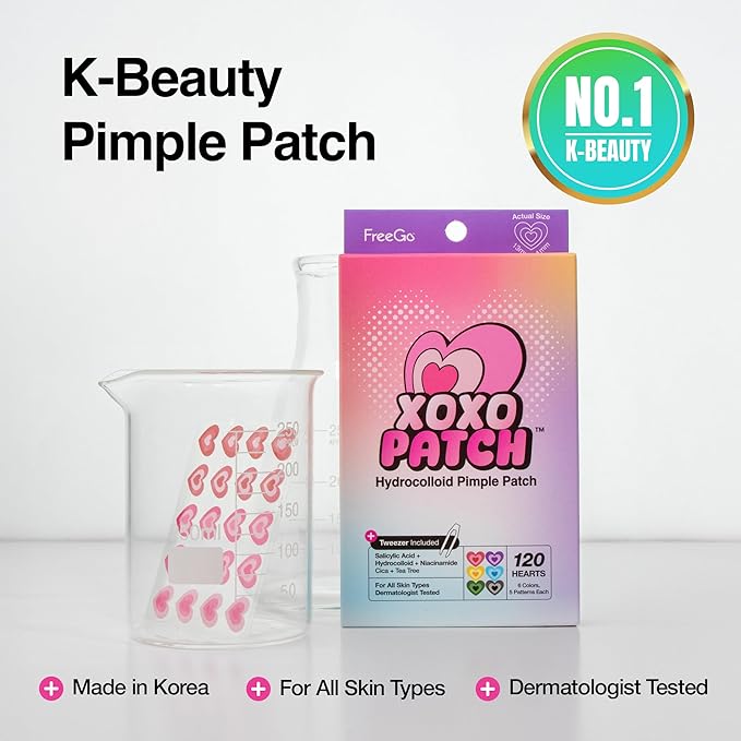FreeGo XOXO Hydrocolloid Pimple Patch, 120 Counts | Cute Colorful Heart Shape | Salicylic Acid, Niacinamide, CICA, Tea Tree, Eucalyptus | Absorb, Heal Pimple and Protect Skin