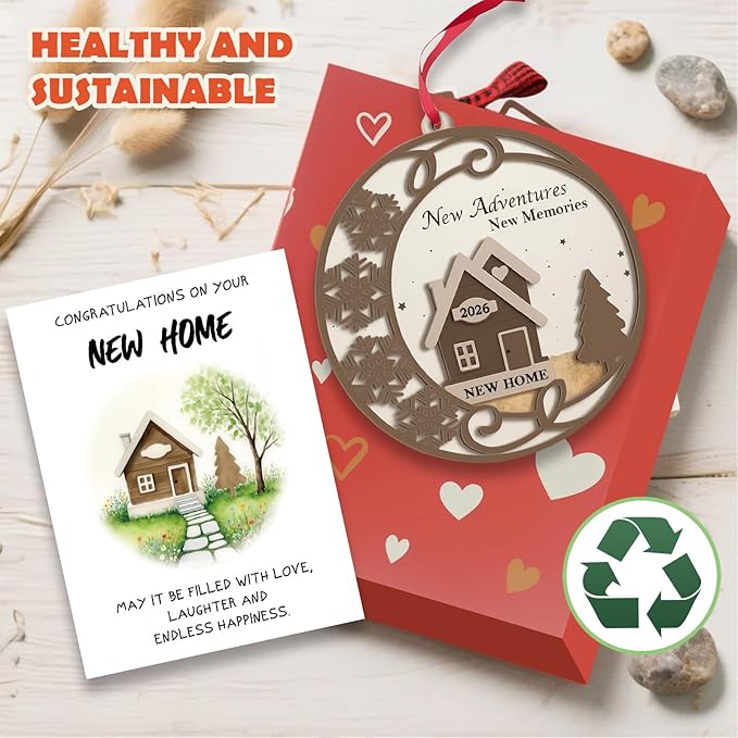 2026 New Home Ornament - Wooden Housewarming Gift for Homeowners, Couples & Friends - New Adventures New Memories First Christmas House Ornament