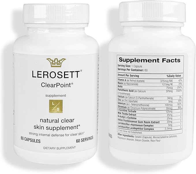 LEROSETT ClearPoint Anti Acne Pills, Natural Supplements for Hormonal & Cystic Acne Treatment for Oily Skin & Breakouts. 60 Caps