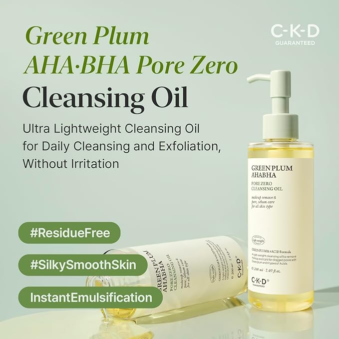 CKD Green Plum AHA·BHA Pore Zero Cleansing Oil - Lightweight Face Oil Cleanser with 4-Acid Complex, Fast Emulsifying, Removes Makeup & Sebum, Hydrating & Low-Irritation. Korean Skincare. 7.03 fl oz