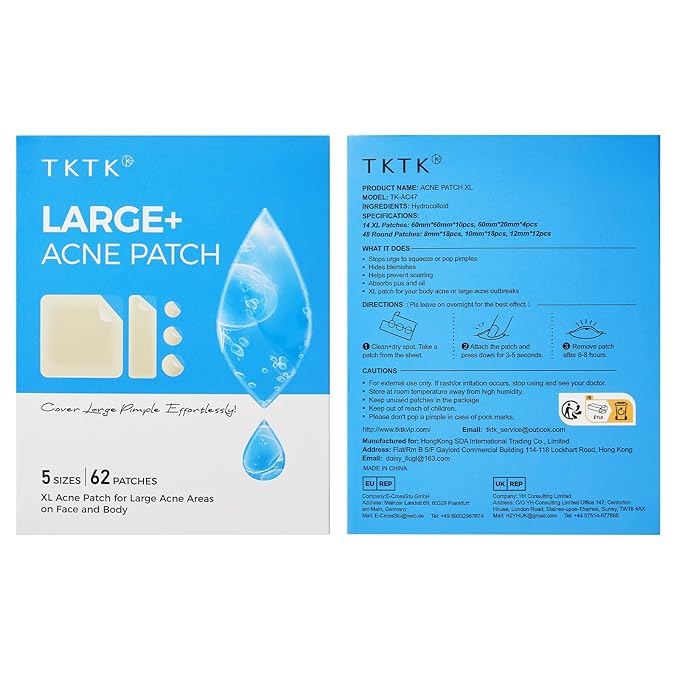 TKTK Large Pimple Patches, 60 mm XL Acne Patches, Big Hydrocolloid Bandages for Body, Face, Forehead, Chin, Neck Zit Breakouts, Hydrocolloid Patch (Square, Strip, Dot 5 Sizes 62 Count)