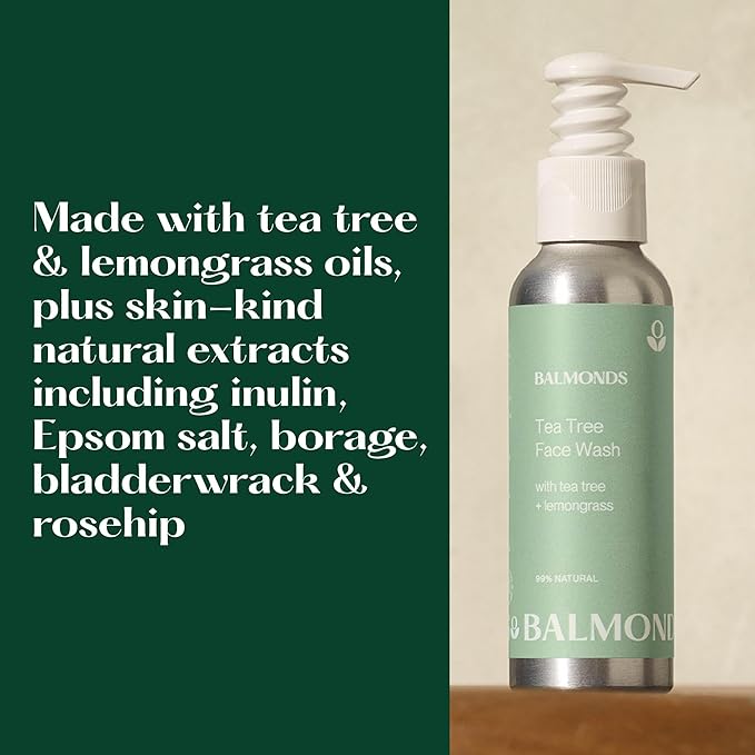 Balmonds tea tree face wash - 99% natural foaming cleanser with lemongrass for sensitive, breakout-prone skin, vegan, paraben-free, 4.2 fl oz