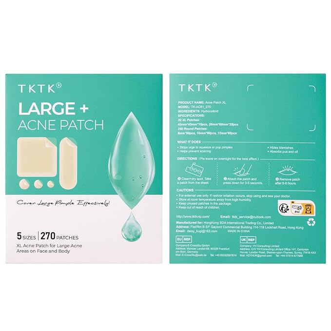 TKTK Hydrocolloid Bandages, 45 x 45 mm Large Pimple Patches for Face, XL Acne Patches for Body, Back, Forehead, Cheek Zit Breakouts, Big Hydrocolloid Patch (Square, Strip, Dot 5 Sizes 270 Count)