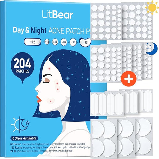 LitBear Acne Pimple Patches- Day and Night 6 Sizes 204 Dots Thin & Thick Hydrocolloid Patches with Witch Hazel, Tea Tree & Calendula Oil, Extra Adhesion for Face Zit Patch Dots