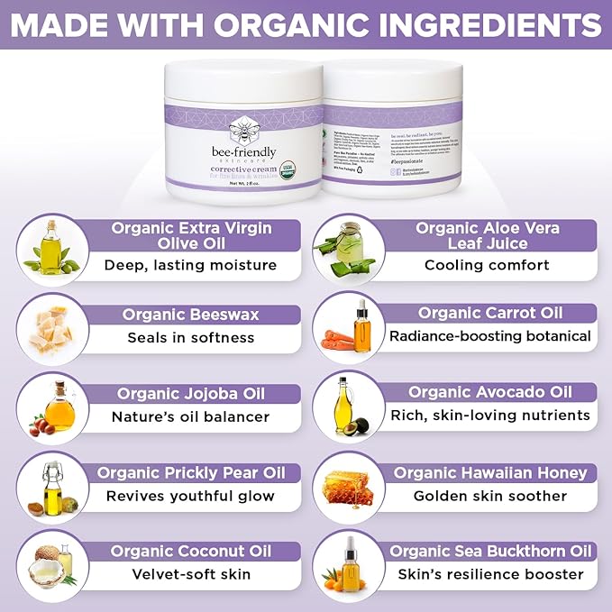 BeeFriendly Face Moisturizer Organic Corrective Cream, USDA Certified Rich Anti Aging Facial Night Cream For Sensitive Skin Aids With Fine Lines, Wrinkles, Crows Feet, Eyes, Face, Neck 2 oz