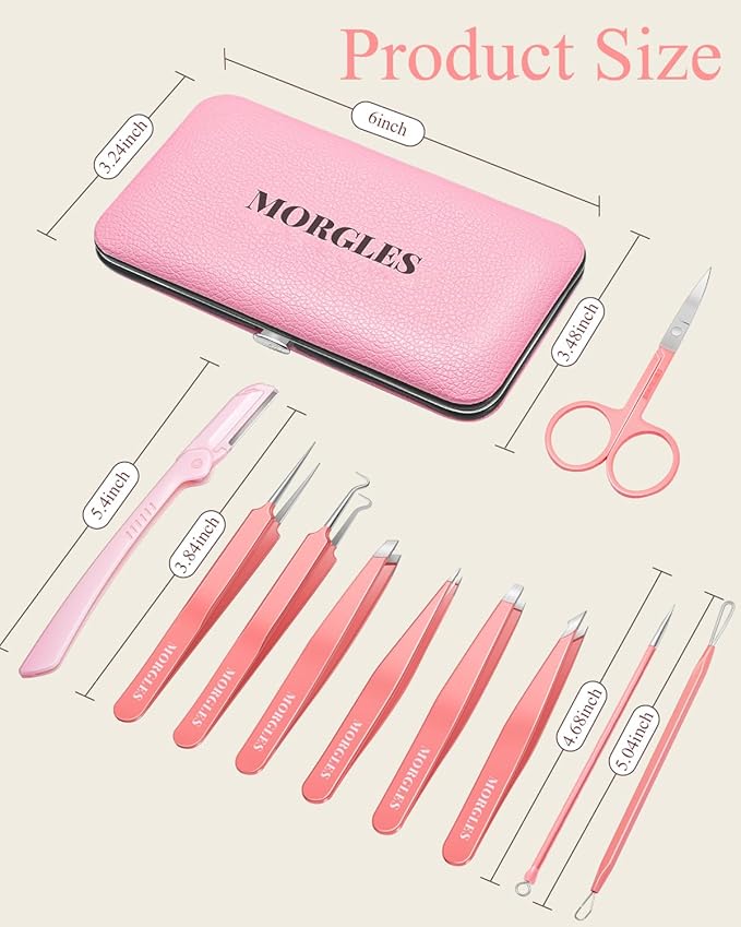 Ingrown Hair Tweezers and Pimple Popper Tool Kit, Pink Blackhead Remover Tools, Pimple Extractor Pore Extractor Eyebrow Razor, Scissor in Leather Travel Case
