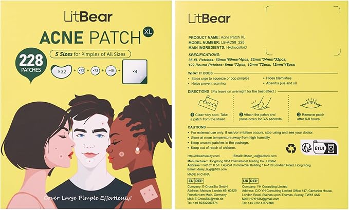 LitBear Pimple Patches for Face, Large Acne Patch, XL Hydrocolloid Bandages,Zit Stickers for Forehead, Chin, Nose, Body, Back, and Chest (5 Sizes, 228 Pimple Patches)