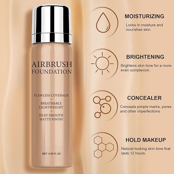 Airbrush Foundation Makeup Spray, Long Lasting Waterproof Full (#1 Natural) 2.36oz