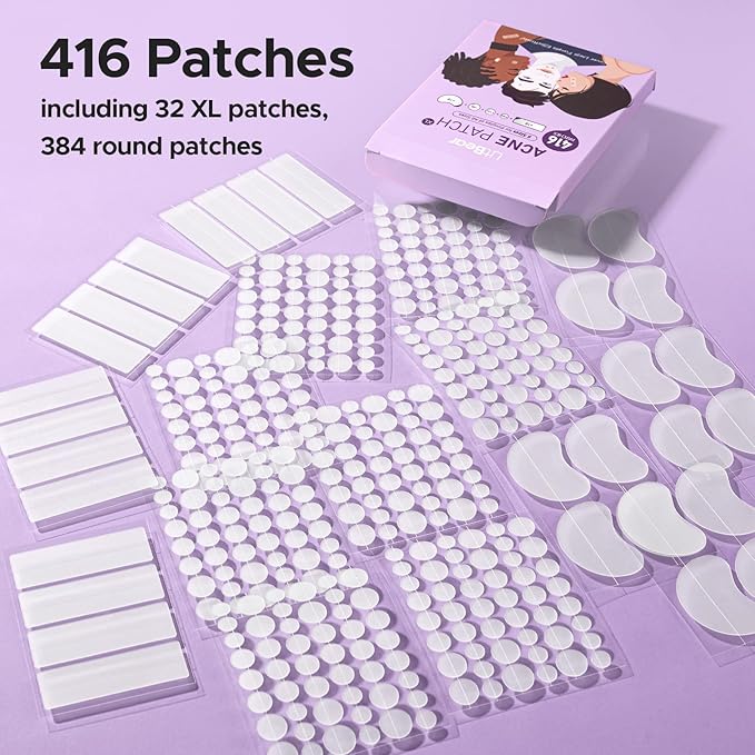 LitBear Large Pimple Patches, 5 Size 416 Count Big Acne Patches for Face, Chin, Forehead and Body, Zit Patches for Dots, Blemishes and Large Breakouts, Hydrocolloid Patch (XL Strip, Contoured, Round)