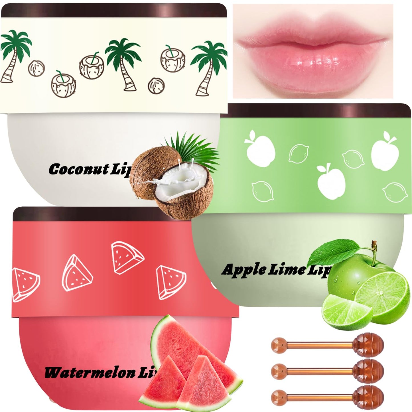 3 Pcs Bee Lip Balm Honey Pot, Coconut Watermelon Apple Lime Lip Mask Overnight, Moisturizing Lip Sleeping Mask, Hydrate Repair Prevent Dry Cracked Lip Exfoliator (Coconut +Watermelon+Apple Lime)