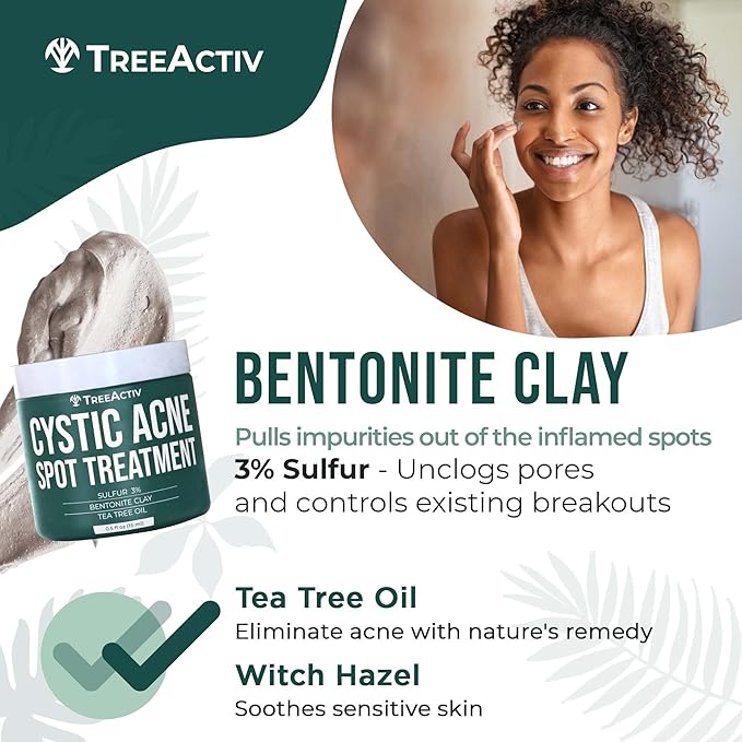 TreeActiv Cystic Acne Spot Treatment, Hormonal & Overnight Sulfur Cystic Treatment For Face, Pimples, and Blemishes for Adults, Men, and Women - 0.5oz 120+ Uses