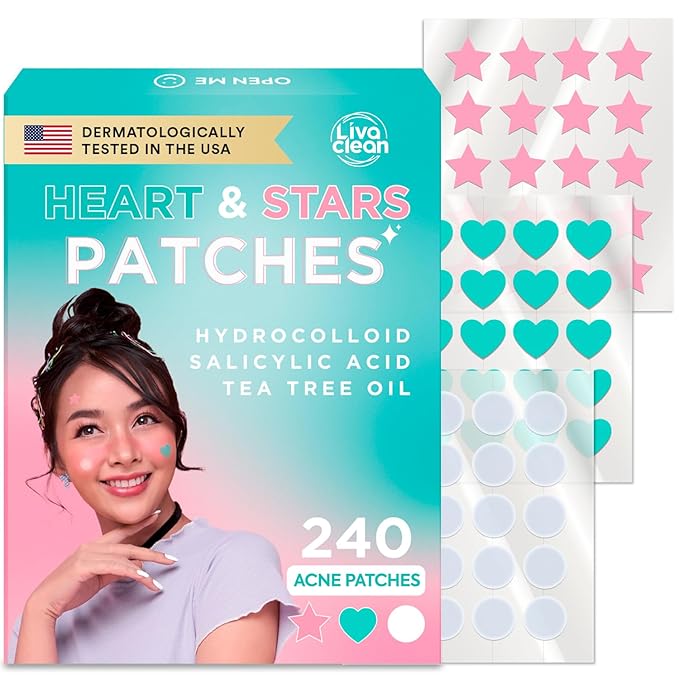 LivaClean 240 CT Heart & Star Pimple Patch w/Salicylic Acid & Tea Tree Oil, Pimples Patches, Pimple Patches Heart, Hydrocolloid Cute, Zit Patch, Cute Acne