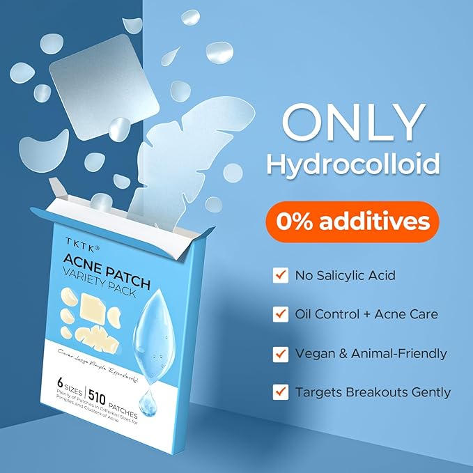 TKTK Pimple Patches for Face, 6 Sizes Hydrocolloid Acne Patch Variety, Large Acne Stickers for Cheeks, Forehead, Chin, Nose, Back Blemishes Zit Breakouts (4 Shapes 510 Count)