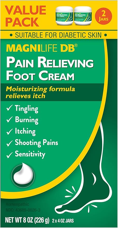 MagniLife DB Pain Relieving Foot Cream, Calming Relief for Burning, Tingling, Shooting & Stabbing Foot Pain, Moisturizing Foot Cream Suitable for Diabetic and Sensitive Skin - 2 Packs of 4 oz Jars