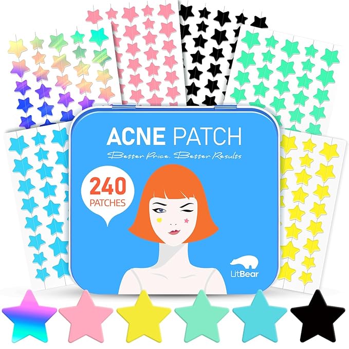 LitBear Acne Patch Pimple Patch, 6 Colors 240 Dots Star Pimple Patches with Tea Tree Oil & Centella Oil, Hydrocolloid Acne Pimple Patches for Face Cute Zit Patches Pimple Stickers Acne Dots