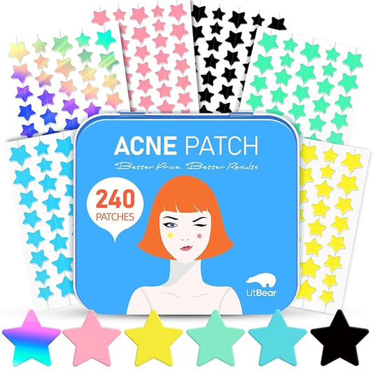 LitBear Acne Patch Pimple Patch, 6 Colors 240 Dots Star Pimple Patches with Tea Tree Oil & Centella Oil, Hydrocolloid Acne Pimple Patches for Face Cute Zit Patches Pimple Stickers Acne Dots