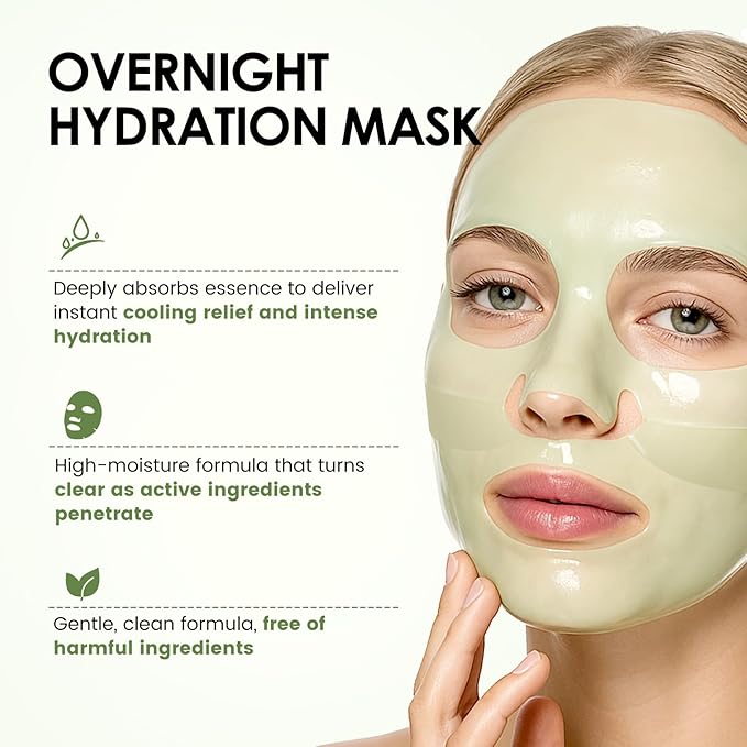 Ashlyn Green Tea Soothing Collagen Face Mask - Overnight Hydrating Sheet Mask with Hyaluronic Acid & Collagen for Sensitive Skin, Deep Moisture Calming Relief for Glass Skin, 35g, 5ea