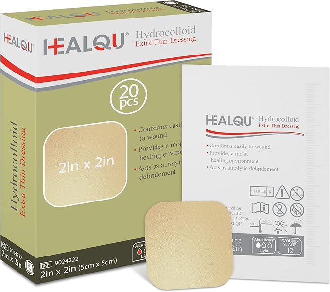Healqu Hydrocolloid Wound Dressing - 2x2" Thin - Box of 20 Large Bandages - Sterilized Bordered Hydrocolloid Patches for Bed Sores, Abrasions, and More - Waterproof and Absorbent with Protective