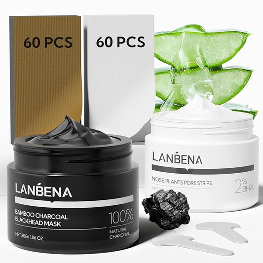 LANBENA 2-Pack Pore Strips: 2% Salicylic Acid BHA Nose Strips + Bamboo Charcoal Blackhead Peel-Off Mask | Deep Cleansing, Purifying Pore Treatment for Blackhead & Oil Removal, Plant-Based Skincare Duo
