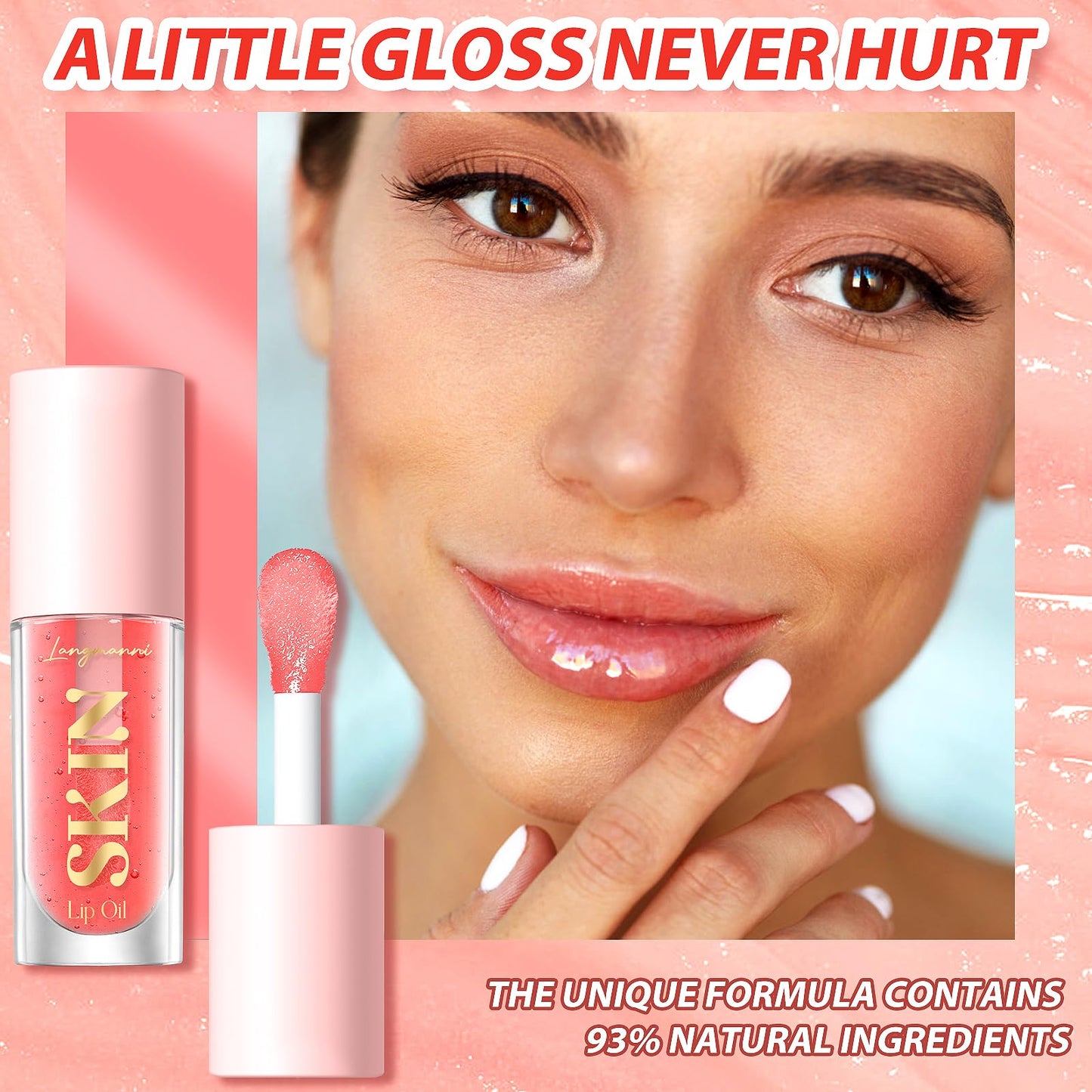 BANGFENG Big Brush Head Lip Glow Oil Plumping Tint, Tinted Lip Balm Transparent Lip Care, Moisturizing Non-sticky Fresh Shiny Texture Lip Oil - Strawberry (Pink)