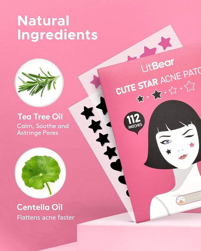 LitBear Star Pimple Patches, Black & Pink Hydrocolloid Acne Patch with Tea Tree Oil & Centella, Cute Pimple Stickers Zits Patch For Face Blemished Spot Patch Acne Dots, 112 Patches, 14mm & 10mm