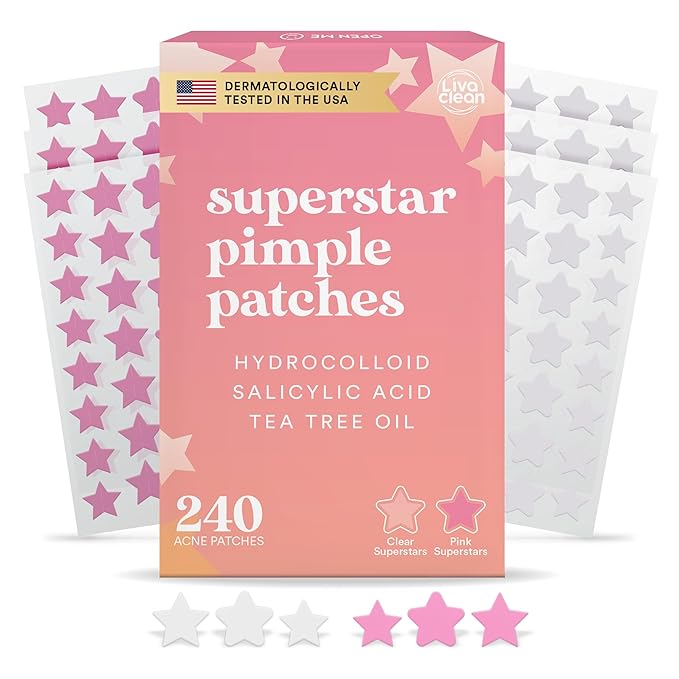 LivaClean Star Blemish Patches (240CT) - Salicylic Acid & Tea Tree Oil, Clear & Pink Pimple Patch Cute, Acne Star, Cute Pimple Skincare, Patches for Face, Blemish Patch
