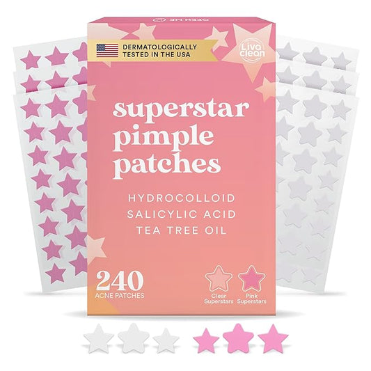 LivaClean Star Blemish Patches (240CT) - Salicylic Acid & Tea Tree Oil, Clear & Pink Pimple Patch Cute, Acne Star, Cute Pimple Skincare, Patches for Face, Blemish Patch