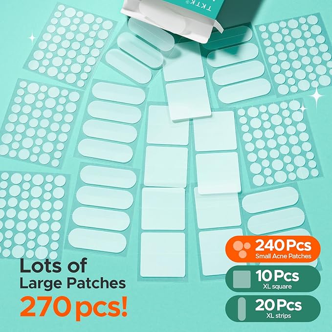 TKTK Hydrocolloid Bandages, 45 x 45 mm Large Pimple Patches for Face, XL Acne Patches for Body, Back, Forehead, Cheek Zit Breakouts, Big Hydrocolloid Patch (Square, Strip, Dot 5 Sizes 270 Count)