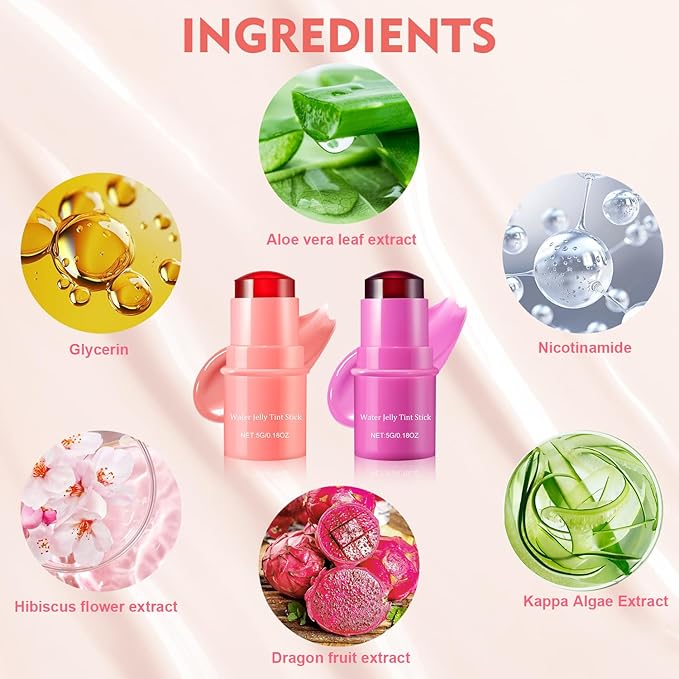 2 PCS Milk Cooling Water Jelly Tint, Water Jelly Tint Stick, Milk Jelly Blush, Milk Jelly Tint Jelly Blush Stick, Sheer Lip & Cheek Stain - Buildable Watercolor Finish - Vegan, Cruelty Free