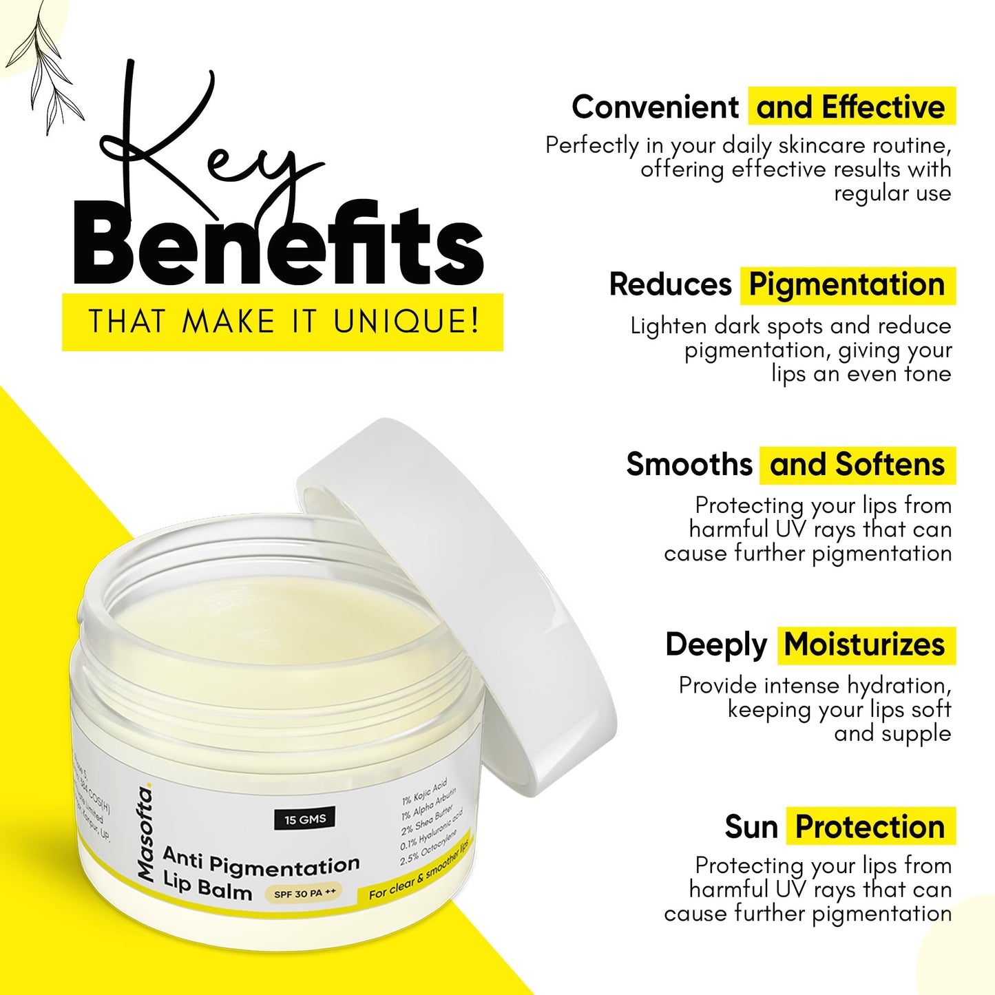 Masofta Shea Butter Lip Balm with Kojic Acid, Alpha Arbutin & Shea Butter for Smooth, Crack Free & Clear Lips, SPF 30 PA++, For Men & Women, 0.52 oz/15GMS