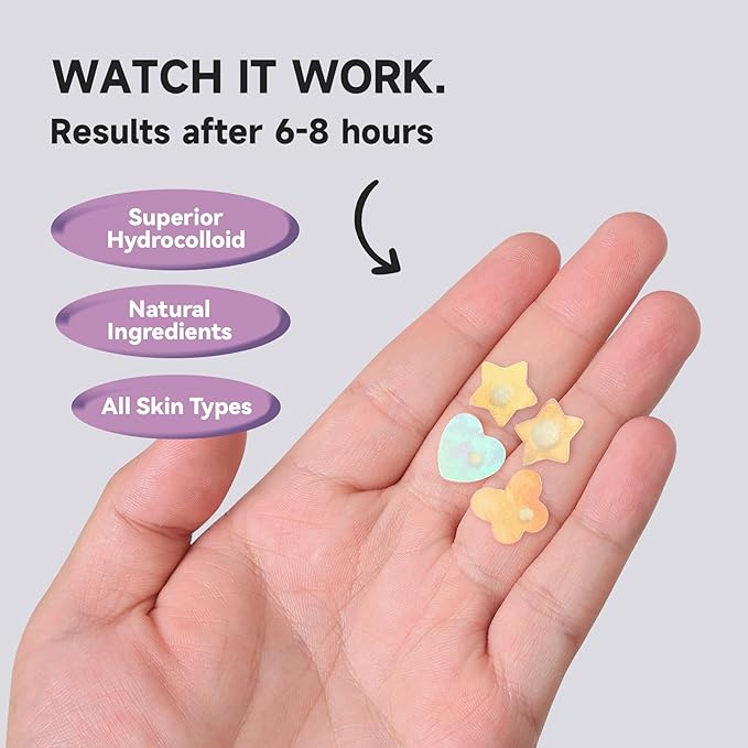 Cute Pink Heart Acne Patch with Salicylic Acid, Hydrocolloid Pimple Stickers Iridescent Colors 48 Pcs, Fashion Zits Blemishes Breakouts Patches