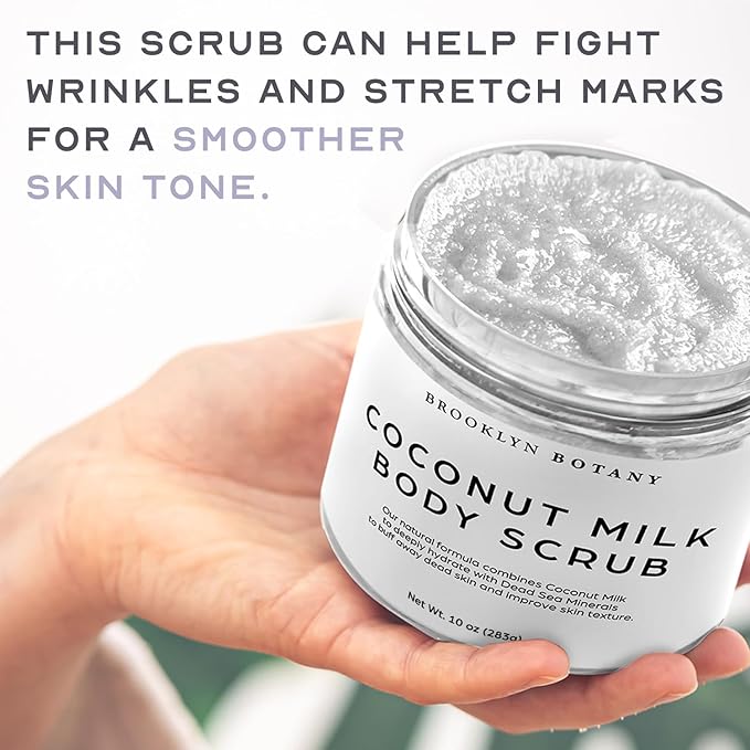 Brooklyn Botany Coconut Milk Body Scrub - Moisturizing and Exfoliating Body, Face, Hand, Foot Scrub - Fights Stretch Marks, Fine Lines, Wrinkles - Great Gifts for Women & Men - 10 oz
