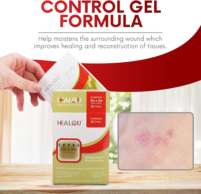 Healqu Hydrocolloid Wound Dressing - 6x6" Thin - Box of 10 Large Bandages - Sterilized Bordered Hydrocolloid Patches for Bed Sores, Abrasions, and More - Waterproof and Absorbent with Protective
