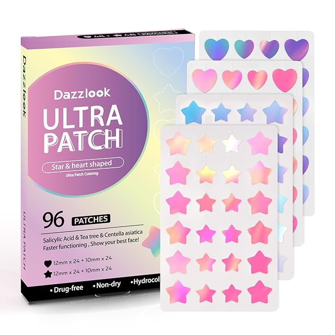 Star Acne Patch with Salicylic Acid Tea Tree Oil & Centella Asiatica, Hydrocolloid Pimple Stickers Iridescent Colors 96 Pcs 2 Sizes, Cute Star Heart Shaped Zits Blemishes Breakouts Patches