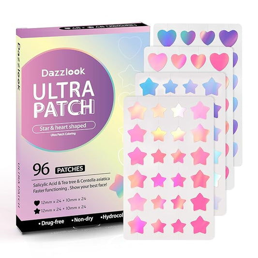 Star Acne Patch with Salicylic Acid Tea Tree Oil & Centella Asiatica, Hydrocolloid Pimple Stickers Iridescent Colors 96 Pcs 2 Sizes, Cute Star Heart Shaped Zits Blemishes Breakouts Patches