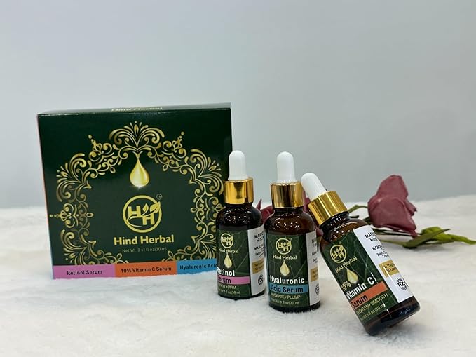 Improved Vitamin C Hyaluronic Acid Retinol Serum Set of 3 (1 Fl Oz each) Brightening, Face Firming, Hydrating Skincare Routine Kit, Anti Wrinkle, Dark Circle Remover Unisex Facial Care Kit