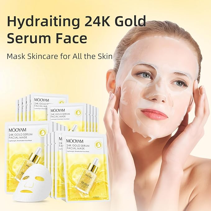 Facial Masks Skincare for Women,24K Gold Serum Moisturize Face Mask Sheet for Girl,Hydrating Face Mask for All Skin Types,Dry Skin & Sensitive Skin (10-Packs)