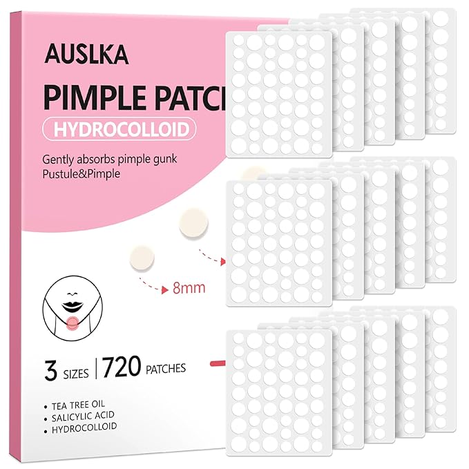 AUSLKA Pimple Patch Bulk, 720 Pimple Patches for Face, Hydrocolloid Spot Patch Stickers for Zits& Blemishes, Suitable for Body, Cheek, Forehead, Chin and Back (8mm, 10mm,12mm)