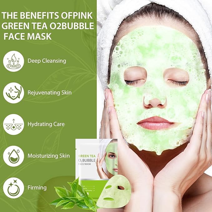 10 Sheets Face Masks Skincare O2 Bubble Green Tea Face Mask, Cleaner Bubble Sheet Masks Foaming Purifying Facial Mask for Pores, Moisturizing Spa Face Masks Skin Care For All Skin Type