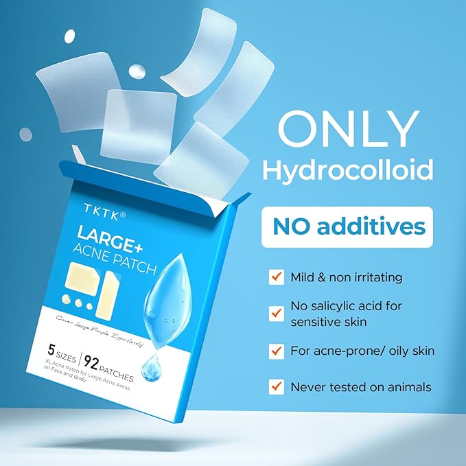 TKTK Large Pimple Patches (5 Sizes, 92 Patches), Hydrocolloid Acne Patches, XL Zit Patches for Face, Forehead, Chin, Nose, Body, Back, Chest, Rectangular, Square, and Dot Hydrocolloid Bandages