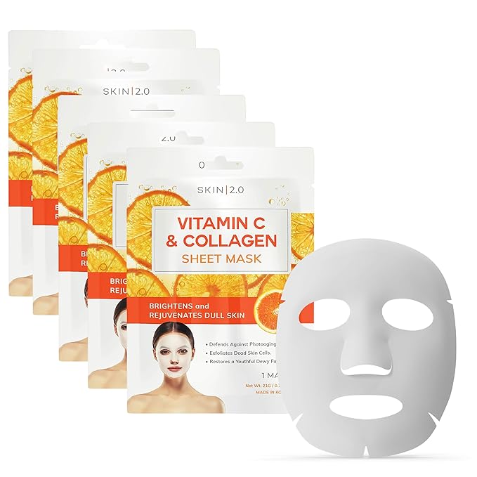 Vitamin C & Collagen Sheet Mask - Anti-Aging, Wrinkle & Age Spot Reducer, Hydrating & Moisturizing - Dermatologist Tested Korean Skincare, Clean Beauty, Cruelty-Free, All Skin Types - 5 Masks