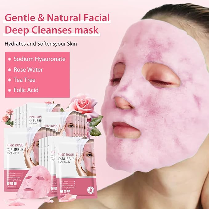10 Sheets Pink Rose O2 Bubble Face Masks Skincare, Hydrating Moisturizing Bubble Face Masks for for All Skin Types, Sheet Masks Cleaner Foaming Purifying Facial Mask for Pores